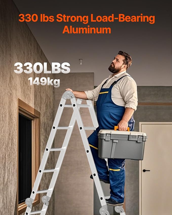 VEVOR Multi-Purpose Folding Ladder, 7-in-1 Tall Step Ladder, A Frame 3 Step Adjustable Telescoping Ladder, 12ft Reach Height Heavy Duty Extension Ladder, 330 lbs Capacity for Household Outdoor Work