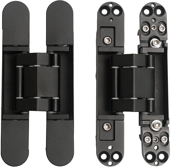 8-Pack 6 inch Hidden Door Hinges Heavy Duty Black, Invisible Concealed Hinges Zinc Alloy 6''x 2.5''x1Inch,180 Degree Swing Hinge, 3 Way Adjustable Hinge with Pins and Screws