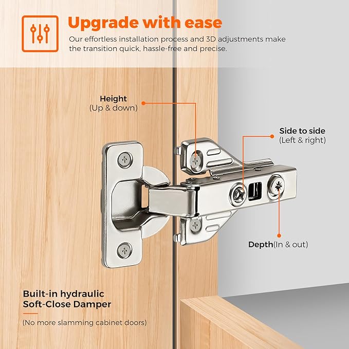 JOY DECOR Full Overlay 30 Packs (15 Pairs) Concealed Kitchen Cabinet Hinges 105 Degree Soft Close Adjustable Cabinet Door Hinges for Face Frame Cabinet