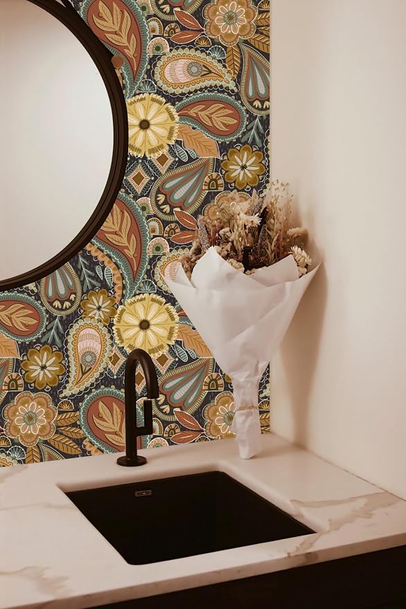 HAOKHOME Boho Peel and Stick Wallpaper Floral Paisley Brown/Yellow/Terracotta Renter Friendly Removable Wall Paper for Bedroom Decor 17.3in x 9.8ft
