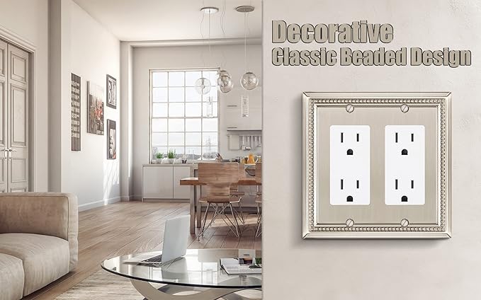 Henne Bery Sunken Pearls Heavy Duty Decorative Wall Plate Switch Plate Outlet Cover (Double Decorator, Satin Nickel)