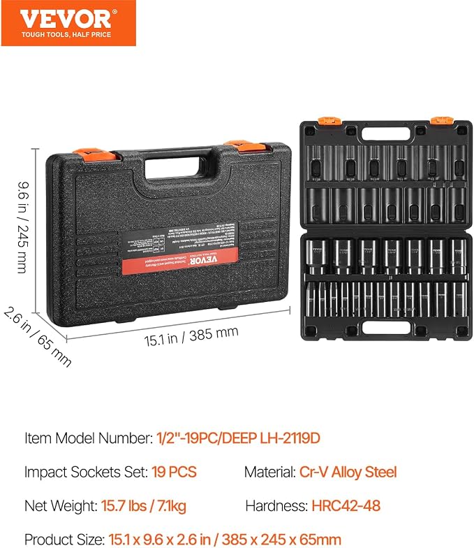VEVOR Impact Socket Set, 1/2" 19 Piece Impact Sockets, Deep Socket, 6-Point Sockets, 1/2 Inches Drive Socket Set Impact 3/8 inch - 1-1/2 inch, Cr-V Rugged Construction, with a Storage Cage