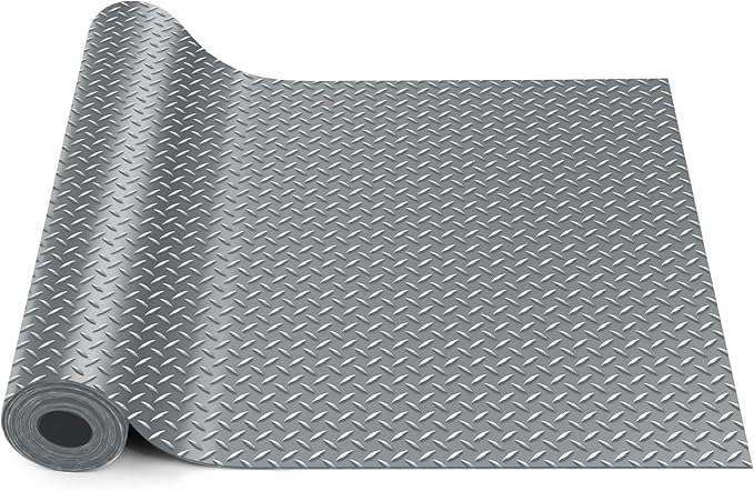Breling 16 in x 10 ft Rubber Diamond Plate Rolls Garage Floor Mat for Under Car, Heavy Duty Flooring Rug for Trailers Garage, PVC Water/Stain Outside Stall Resistant Parking Rv Tool(Grey)