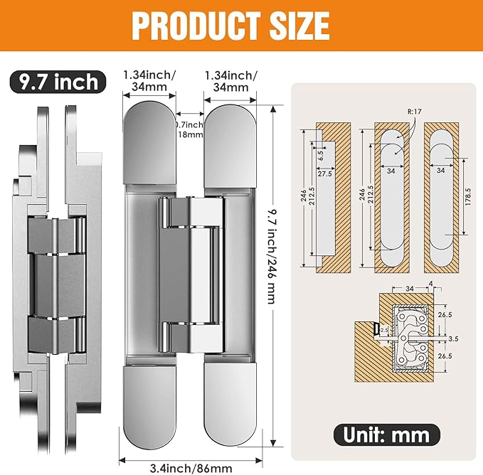 9.7" Hidden Door Hinge/Concealed Hinges,Invisible Hinges,Invisible Door Silent 180 Degree Swing Hinge 3-Way Adjustable Butt 9.7 x 3.3 x 1inch (Silvery, 9.7 inches)