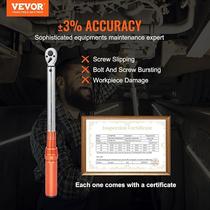 VEVOR Torque Wrench 3/8-inch Drive 10-80ft.lb/14-110n.m Click Torque Wrench | Auto or Instruments Repairing, Chrome Vanadium Steel, Dual-Direction Adjustable, with Double Range Scales, Adapters, Orange