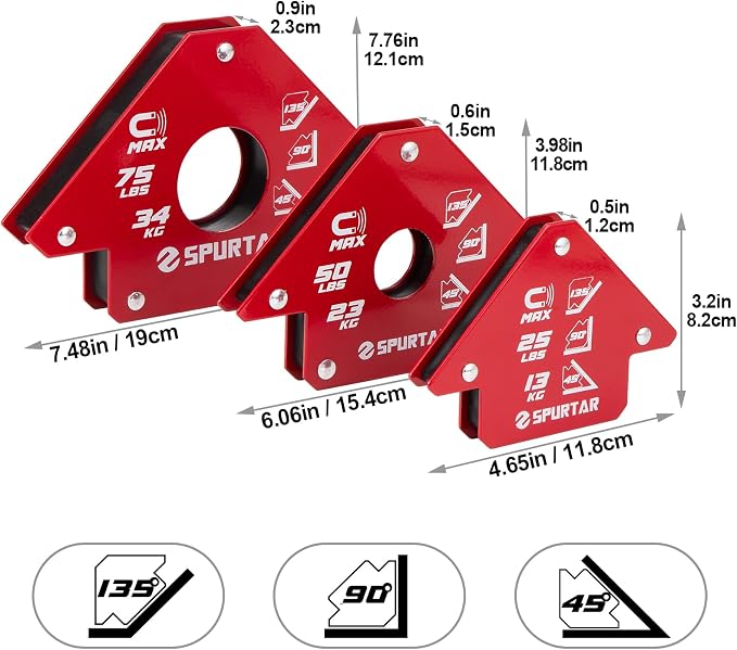 Spurtar Welding Magnets 6pcs, 75lbs 50lbs 25lbs Welding Magnets and Clamps, Heavy Duty Magnetic Holder Tools and Accessories 45°, 90°, 135° Angle
