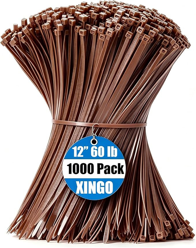 XINGO 1000 PCS Brown Zip Ties 8 Inch, 60 LBS Tensile Strength, Self-Locking Nylon Plastic Nylon Wire Ties for Indoor and Outdoor Use