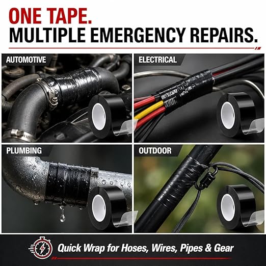 Self-Fusing Silicone Tape 1" x 5' x 20mil – Waterproof Emergency Repair Tape for Radiator Hoses, Pipes & Electrical Wiring – Heat Resistant, Insulating, Chemical Resistant, No Residue, Black