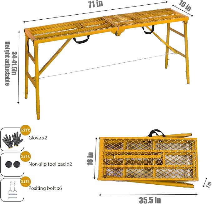 LEADALLWAY Scaffolding Platform 70"(L) x15(W) x33(H) 770 Lbs Capacity Portable Adjustable Work Platform Scaffolding Ladder,Yellow