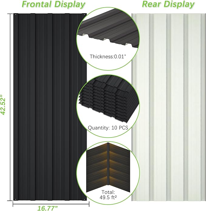 Metal Roof Panels 10 pcs 50 ft² Galvanized Steel Corrugated Tin Roofing Panels Gazebo Top Cover Garages,Sheds, Stables and Mobile Homes Replacement for Patio Outdoor Garden, Black