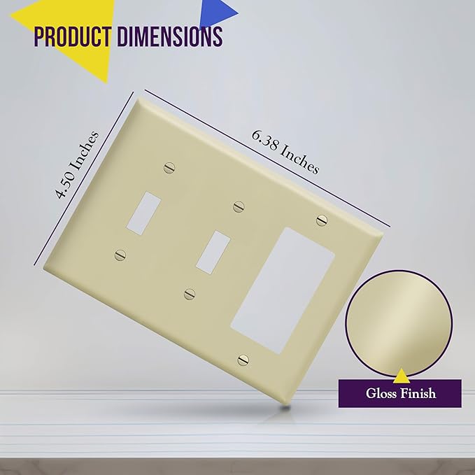 ENERLITES Combination Double Toggle/Single Decorator Rocker Outlet Wall Plate, Standard Size 3-Gang Light Switch Cover(4.5" x 6.38"), Polycarbonate Thermoplastic, UL Listed，881231-I, Ivory