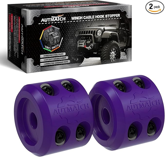 AUTMATCH Winch Cable Hook Stopper (2 Pack), Silicone Rubber Winch Stopper for Wire & Synthetic Rope, Winch Line ATV UTV, Shock Absorbent, Prevent Pulling Bounce and Abrasion, Purple