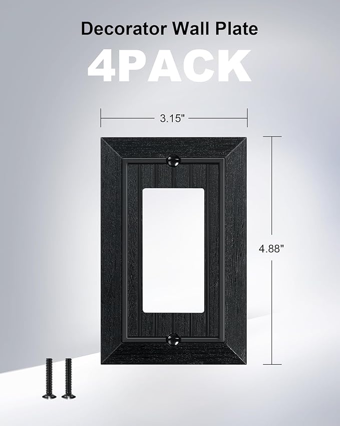 6-Pack Classic Beadboard Decorator Wall Plate Cover, Matte Black Decorative Switch Plates and Outlet Covers, Durable Unbreakable Polycarbonate Wall Plate for Electrical Outlet, Receptacle, GFCI Outlet