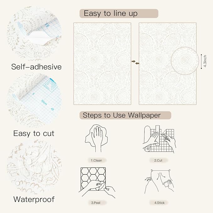 Heroad Boho Peel and Stick Wallpaper Modern Floral Wall Paper Neutral Beige Contact Paper Self Adhesive Removable Renter Friendly Wallpaper for Bedroom Living Room Shelf Liner Vinyl 17.3'' x 393''