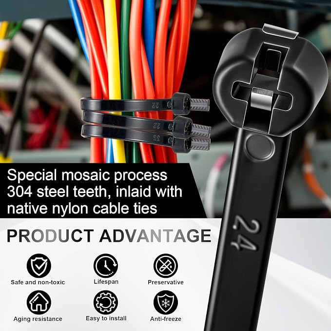Blulu 200 Pcs 15 Inch Cable Zip Ties Metal Tooth Stainless Steel Locking Device Black Nylon Cable Ties, 53 Lbs Tensile Strength, UV Resistant Wire Wraps Multi Purpose for Industrial Indoor Outdoor Use