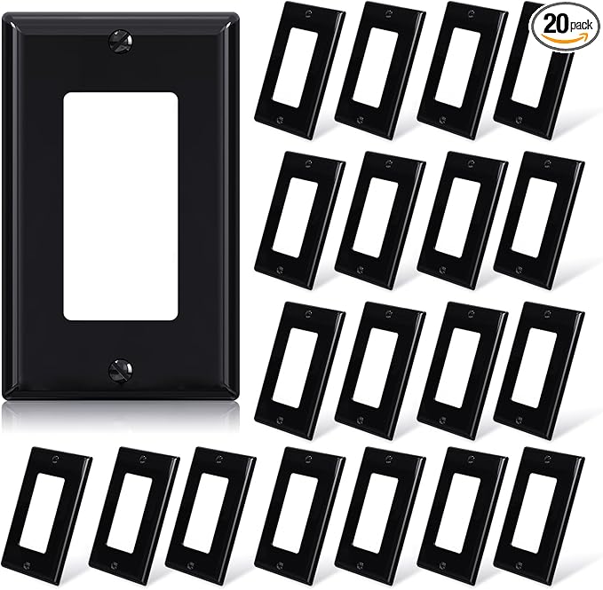 ELEGRP Decorative Receptacle Wall Plate, 1-Gang Standard Size Outlet Decorator Cover, Unbreakable Polycarbonate Dual Port Faceplates Covers, UL Listed, Screws included (20 Pack, Glossy Black)