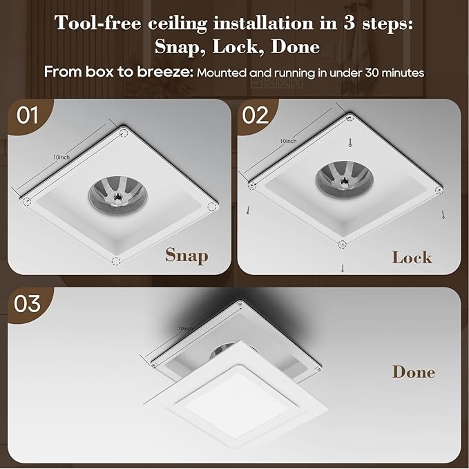 12" Ultra Quiet Bathroom Exhaust Fan with 6500K LED Light, 1.0 Sone 120 CFM, 10x10 Mount, 1500 LM Ceiling Ventilation Fan, Energy Efficient (6500K LED-W)