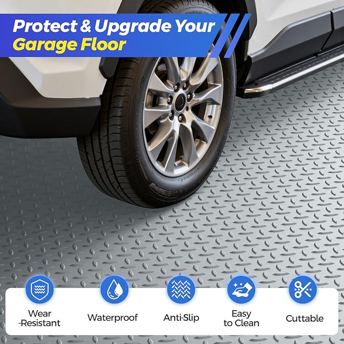 8x21 FT Garage Floor Mat, 2.8mm Thickened Garage Flooring Heavy Duty Rubber Garage Floor Mats for Under Car, Diamond Plate Garage Mat for Garage, Workshop, Enclosed Trailer