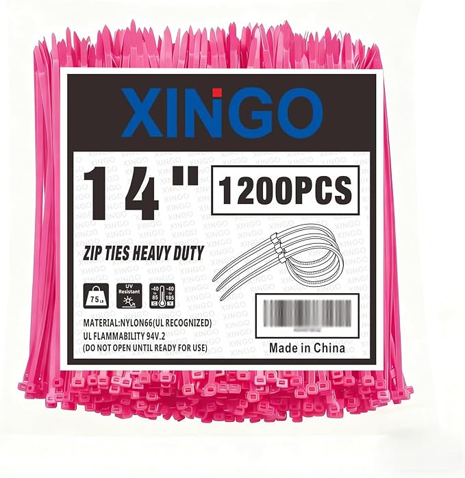 XINGO 14 Inch Pink Zip Ties 1200 PCS, 75 LBS Tensile Strength, UV Resistant Cable Ties, Self-locking Plastic Ties for Indoor and Outdoor Use