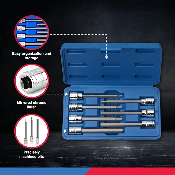 Neiko 10076A 3/8-Inch Drive Extra Long Allen Hex Bit Socket Set, Metric, 3 mm - 10 mm | S2 and Cr-V Steel, 7-Piece Set