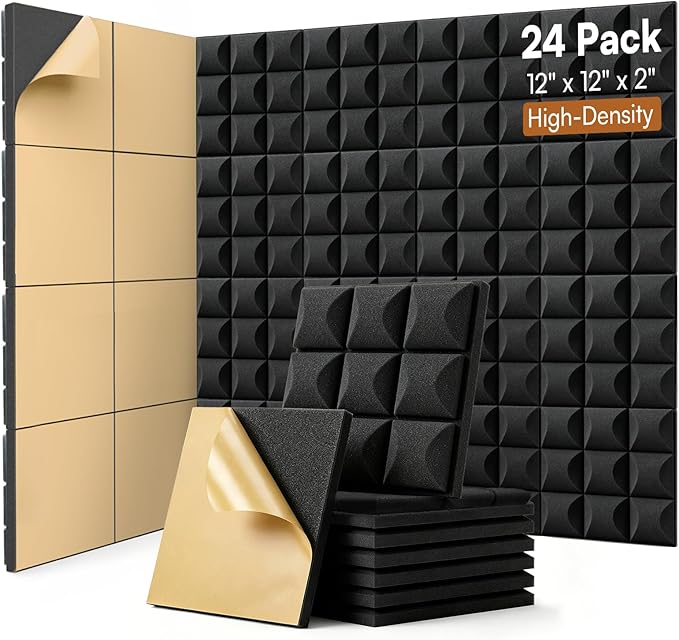 SODOCT 24 Pack Self-Adhesive Acoustic Foam Panels, 12 x 12 x 2 Inches Mushroom Shape, Sound Proofing Wall Panels, High Density Sound Absorbing Foam for Studio, Home Office, Recording (Black)