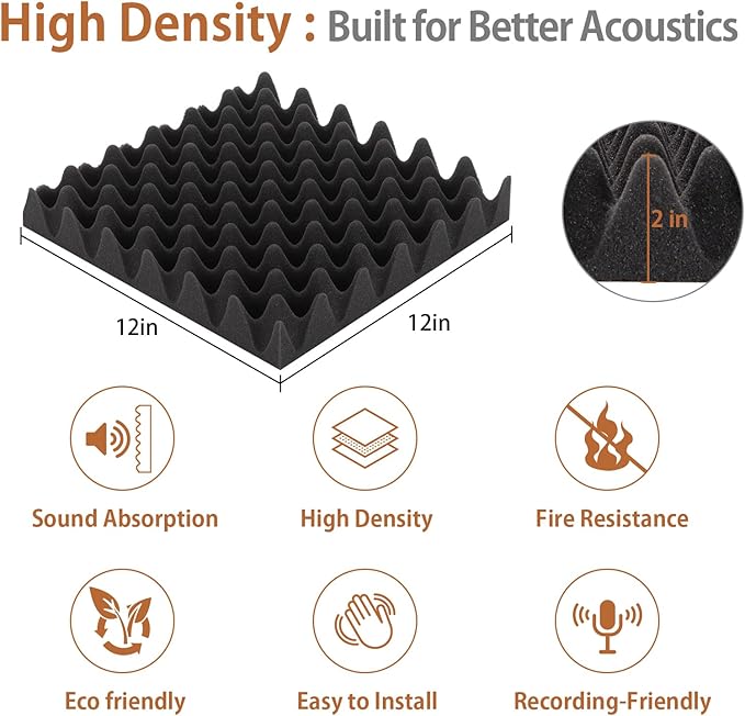 SD SODOCT 36 Pack Acoustic Foam Panels with Self Adhesive 12" X 12" X 2" Sound Proof Foam Panels for Walls High Density Egg-Crate Soundproof Wall Panels for Studio Office Gaming Room