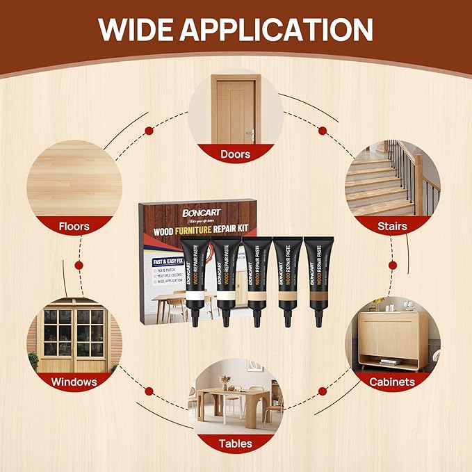 Boncart Wood Furniture Repair Kit, Wood Touch up Fillers, Repair Scratches, Cracks, Paint Chips, and Nail Holes on Furniture, Floors, Doors, Cabinets, and Tables (5 Light Colors)