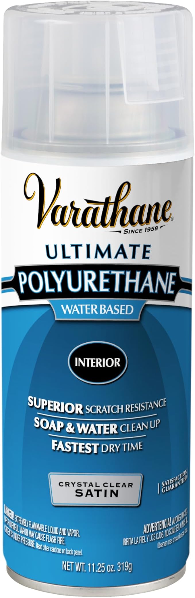 Varathane Water-Based Crystal-Clear Ultimate Polyurethane Spray | Interior Wood Protection | Fast Dry Time | Easy Clean Up | Satin | 11.25 oz