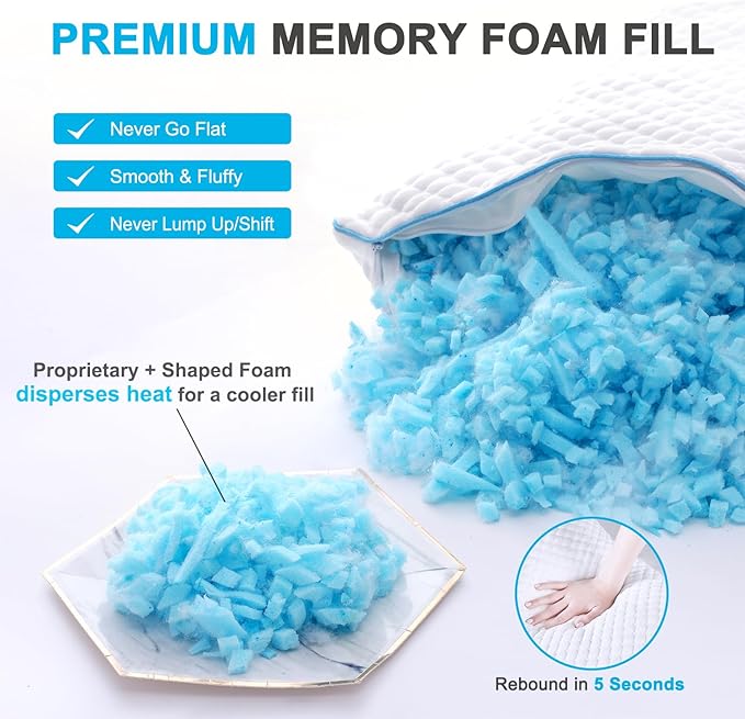 VVZ Cooling Bed Pillows Queen Size Set of 2, Shredded Memory Foam Pillows for Side Back Stomach Sleepers, Luxury Cool Gel Adjustable Firm Bed Pillows for Sleeping 2 Pack Queen Size 20 x 30 Inches