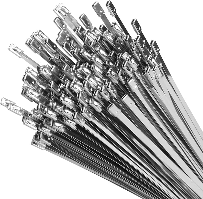 XINGO 48 inch Metal Long Zip Ties Heavy Duty 25 Pack, 304 Stainless Steel Zip Ties, 408 lbs Tensile Strength, Multi-Purpose Self-Locking Cable Ties for Exhaust Wrap, Outdoor and Canopy Etc