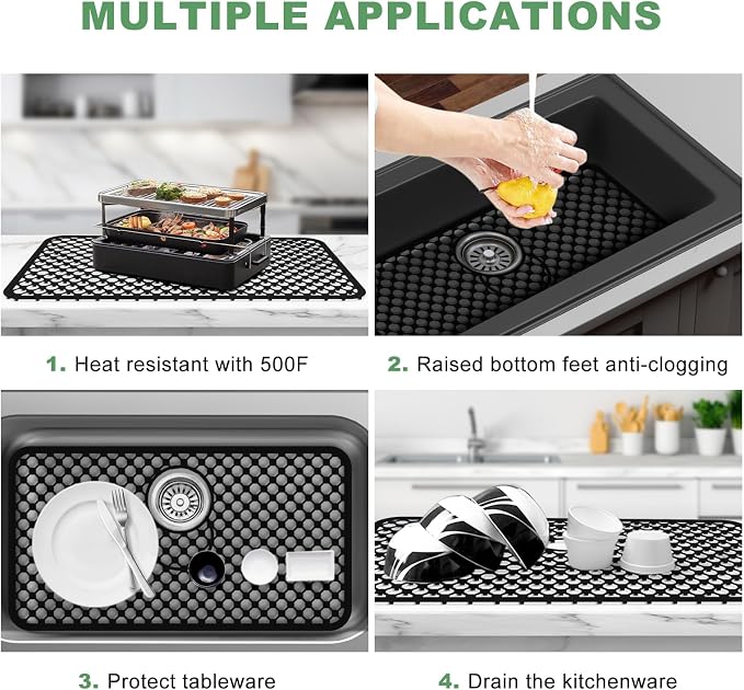 Sink Protectors for Kitchen Sink - Large 26.2"x 14" with Center Drain Hole Heat Resistant Easy Clean Non-slip Silicone Kitchens Sinks Mat for Bottom of Kitchen Sinks Stainless Steel(Black)-66.5x35.6CM