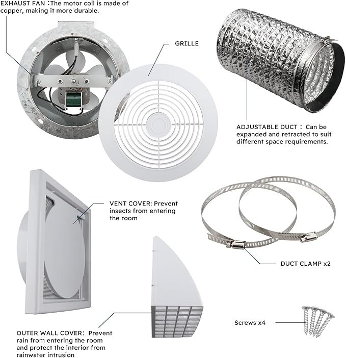 Quini 512M 6-inch Through Wall Exhaust Fan, 80 CFM 4.0 Sones, Bathroom Wall Exhaust Fan, Kitchen Ventilation Fan, 6-inch Diameter Vent, Retractable Duct