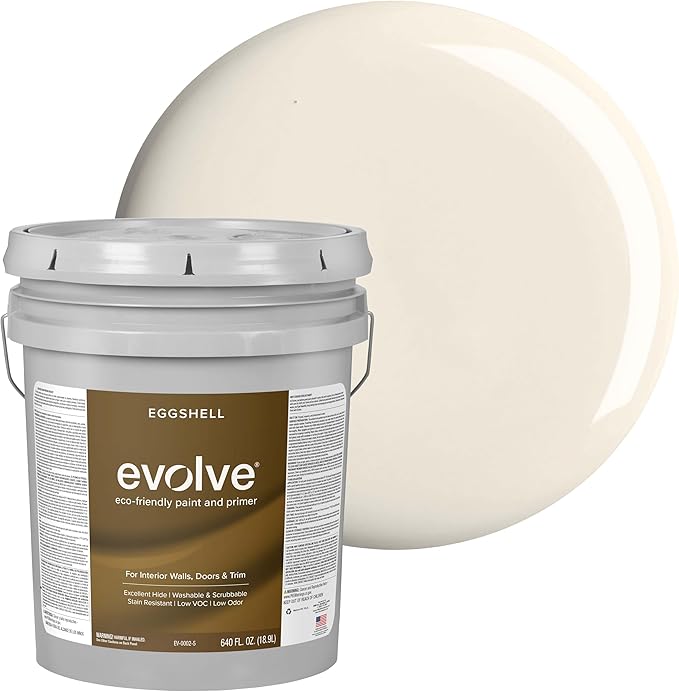 EVOLVE Interior Paint & Primer, Eggshell (Coconut Cream), 5 Gallon – One-Coat Coverage, Excellent Hide, Low VOC, Low Odor, Washable Paint for Walls, Doors & Trim