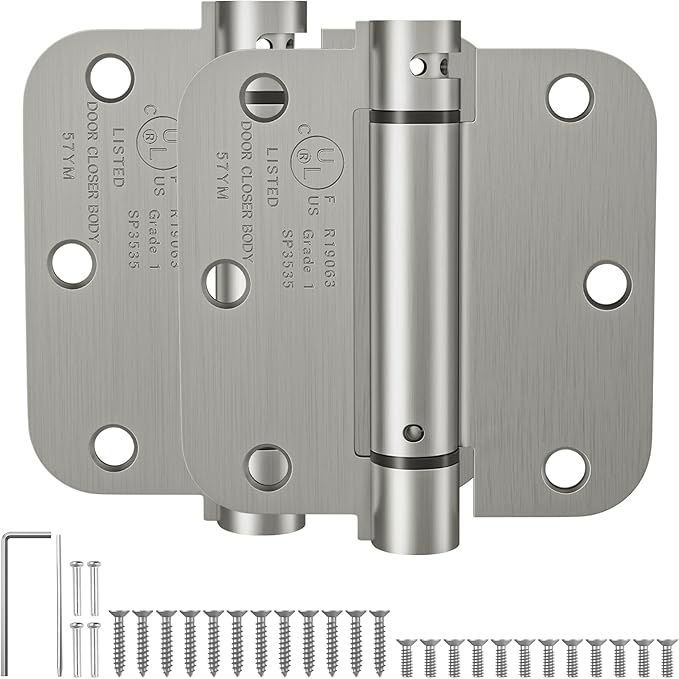 HOSOM Self Closing Door Hinges 3.5 Inch Brushed Nickel Spring Loaded Hinges Heavy Duty Adjustable Tension for Interior Door, UL Listed, 5/8'' Radius Corners, 2 Pack