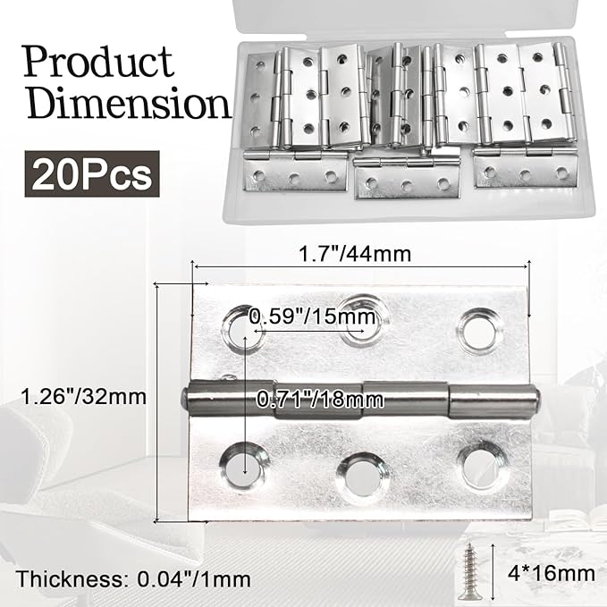 Luomorgo 20 Pack 2 Inch Mini Hinges Butt Hinges, Stainless Steel Cabinet Hinges, Small Folding Door Hinge for Wooden Box, Crafts (Silver)