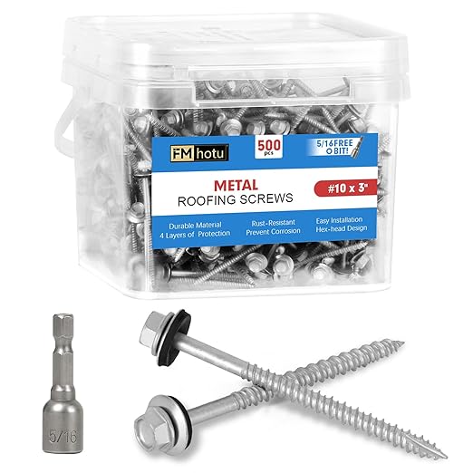 FMhotu Metal Roofing Screws #10×3Inch, 500-PCS, Hex Head Rustpert Coating Sheet Metal to Wood Siding Screw with EPDM Rubber Washer, Sharp Point, Hex Socket Included