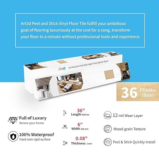 Art3d Peel and Stick Floor Tile Vinyl Wood Plank 36-Pack 54 Sq.Ft, Aspen Yellow, Rigid Surface Hard Core Easy DIY Self-Adhesive Flooring