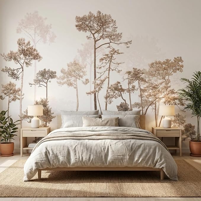 Vintage Forest Beige Wall Murals Peel and Stick 144" W x 100" H | Waterproof Canvas Self-Adhesive Removable Wallpaper Large Woodland Landscape Wall Art Decor for Bedroom Living Room