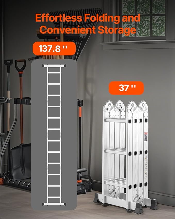 VEVOR Multi-Purpose Folding Ladder, 7-in-1 Tall Step Ladder, A Frame 3 Step Adjustable Telescoping Ladder, 12ft Reach Height Heavy Duty Extension Ladder, 330 lbs Capacity for Household Outdoor Work