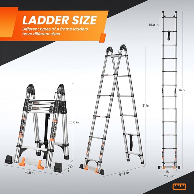 Telescoping Ladder 16.5 FT A Frame, Extension Multi-Purpose with Balance Bar Heavy Duty 330 lbs Max Capacity for Home and Outdoor Work, Silver