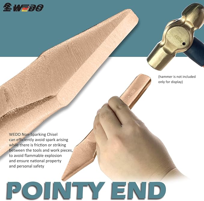 WEDO Non-Sparking Flat Chisel Pointy Head,Cold Chisel,Beryllium Copper,4x7x200mm,Non-Magnetic,BAM & FM Certificate,Cone Chisel for Carpentry, Metalwork, Woodwork & Masonry work