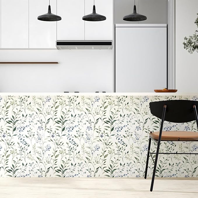 ILHIIOR Blue Leaf Wallpaper Boho Peel and Stick Wallpaper Green Leaf Vintage Contact Paper White Floral Wall Paper Removable Wallpapers Self Adhesive for Cabinet Drawers Wall Decor 17.5''x787''