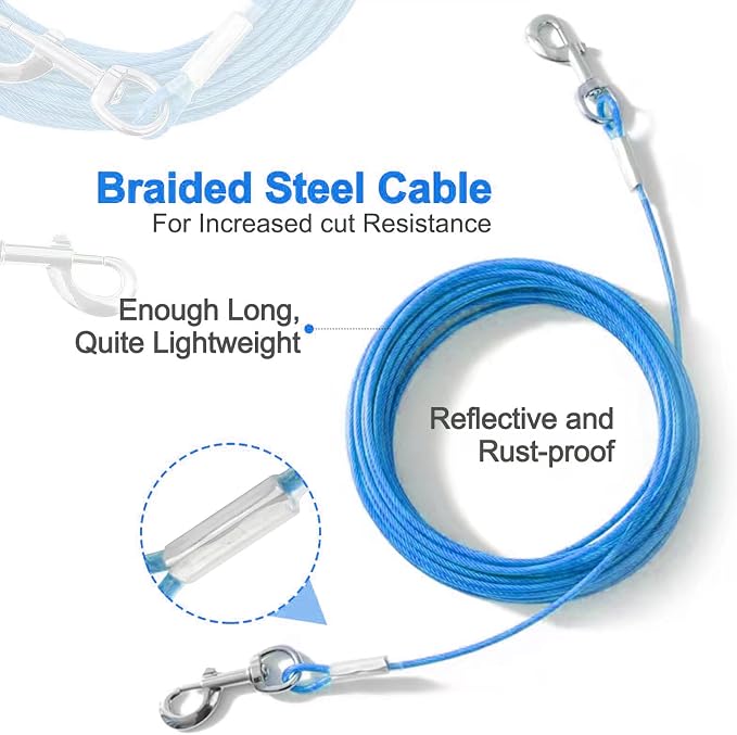 Tie Out Cable for Dogs,10/20/30/50/100FT Dog Leads for Yard Chew Proof,Heavy Duty Tie Out Cable for Large Dogs Up to 125lbs,Dog Runner Tether (Blue, 125Ibs 30ft)