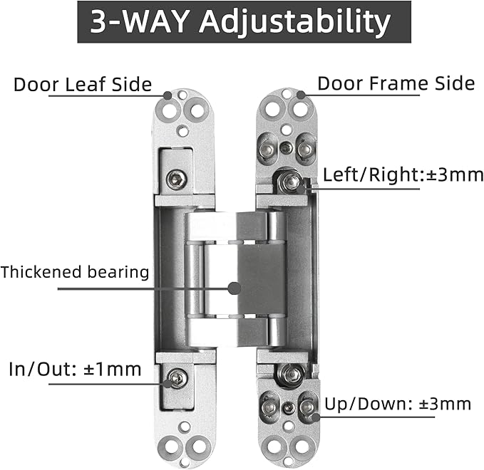 4-Pack 6 inch Hidden Door Hinges Heavy Duty Silver, Invisible Concealed Hinges Zinc Alloy 6''x 2.5''x1Inch, 180 Degree Swing Hinge, 3 Way Adjustable Hinge with Pins and Screws