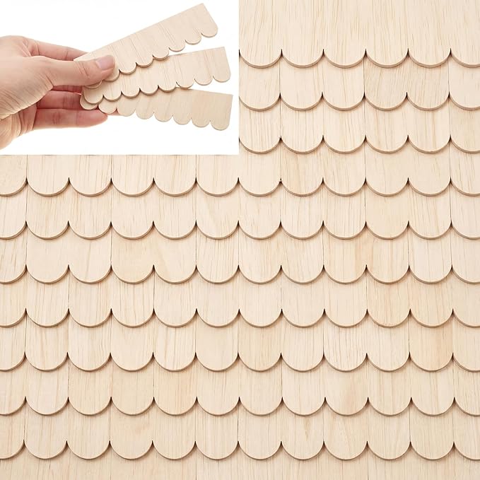 Wenqik 100 Strips Dollhouse Roof Shingles 4.25 x 1.14 Inches Each Mini Fish Scale Wooden Dollhouse Miniature Roofing for 1: 12 Scale Doll House Projects DIY Miniature Landscapes (Natural Wood)