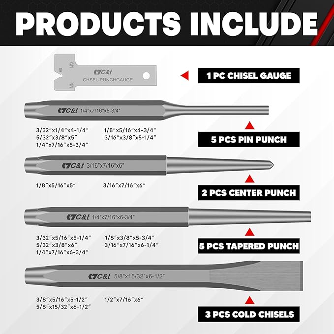 C&T 16-Piece Punch and Chisel Set with Storage Pouch, Including Taper Punch, Cold Chisels, Pin, Center Punch, Chrome Vanadium Steel