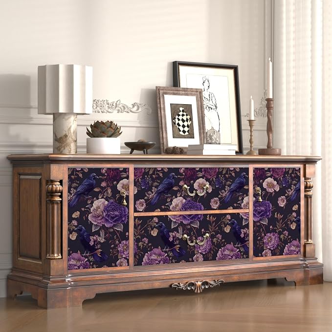 Gothic Dark Purple Crow Floral Wallpaper Peel and Stick 17.5"x393" | Self Adhesive/Removable/Waterproof/Thick Vinyl Vintage Contact Paper for Bathroom Bedroom Shelf Cabinet Drawer,Prepasted