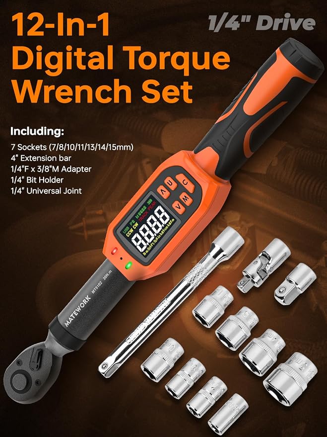 Matework 1/4 Torque Wrench Digital, (13.5-265 In-Lb/1.5-30 Nm), 12Pcs Inch Pound Digital Torque Wrench Set with Buzzer & LED Indicator, ±1% Accuracy, Sockets & Adapters for for Bike Moto Gunsmithing