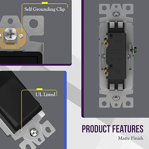 ENERLITES Matte Black Light Switch with Screwless Wall Plate, Decorator Paddle Rocker Wall Switch, Single Pole, Grounding Screw, Residential Grade, 15A 120V/277V, UL Listed, 91150-MBK20P (20 Pack)