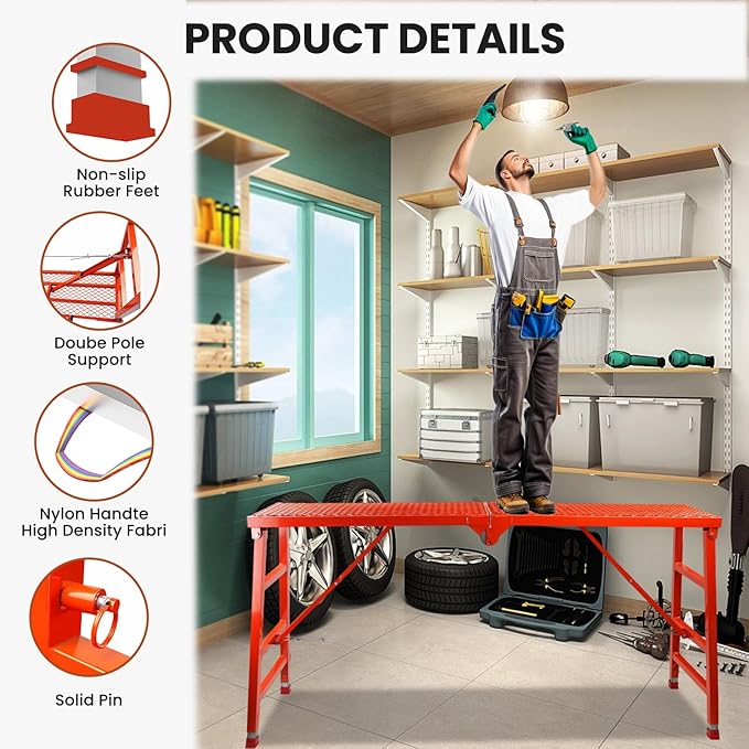 Foldable Scaffolding Platform, 70.8x15.2x36.2-62 Inch Portable Work Platform, 770 Lbs Capacity, Adjustable Height Industrial Step Ladders, Ideal for Painting, Wiring and Home Decor, Red